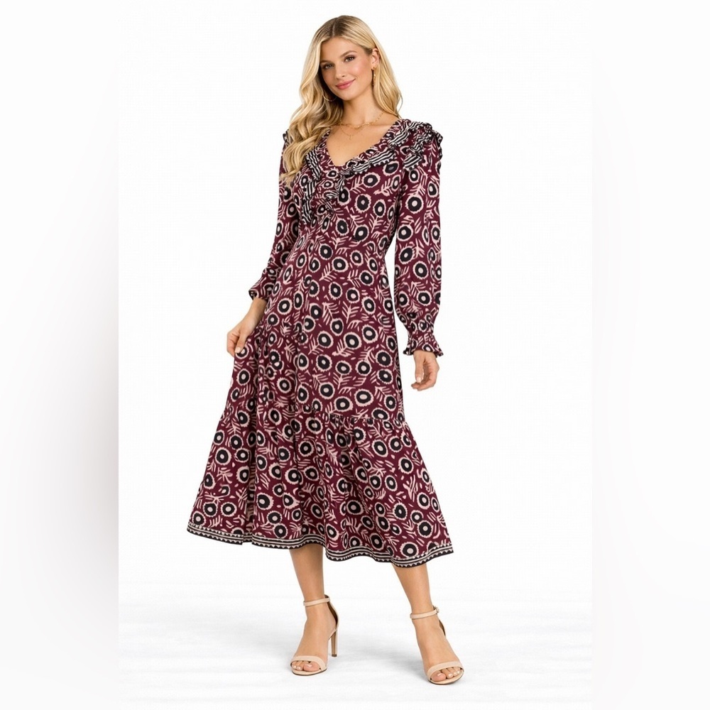 Sea NY New York V-neck Ruffle Floral Midi Dress Size 4 Deep Purple
